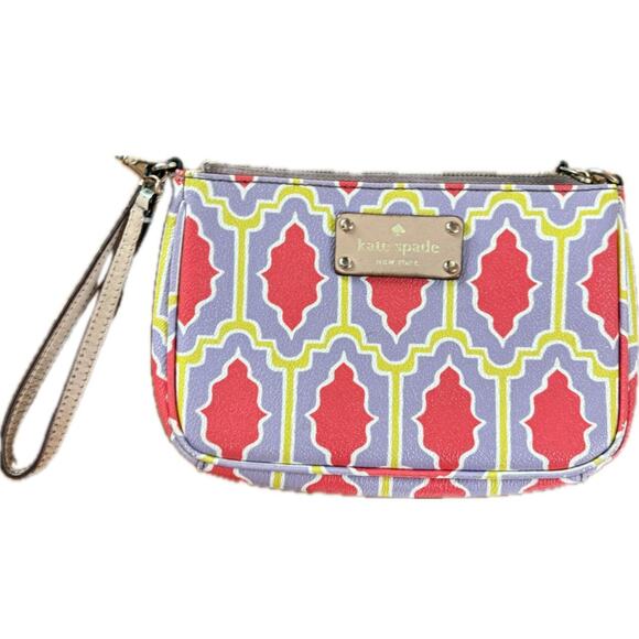 Vintage Kate Spade Wristlet - Cabana Geometric Print - Coral/Blue - Y2K - Preppy - Picture 1 of 2